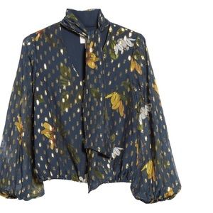 Ted Baker London neck tie blouse. Stretch waist. Metallic detail.